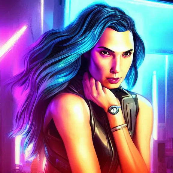 Image similar to “high detail portrait of cyberpunk Gal Gadot with blue hair, digital art, concept art, neon colors, studio lightning, high contrast, sharp focus, hiperrealist, photorealist, Artstation HQ, DeviantArt, cybernetics, techwear, urban samurai, netrunner, Shadowrun, Cyberpunk 2077, Deus Ex, 4k UHD, Unreal Engine 5”