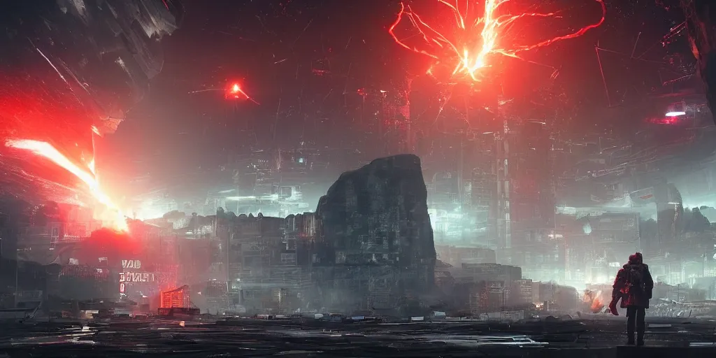 Image similar to a huge towering and broken stone tablet with red light + alien pattern, stands in the center of a prosperous city at the end of the world, and the power and energy is explode, secret, mysterious, doomsday, landscape, video game control, quantum break, arknights,