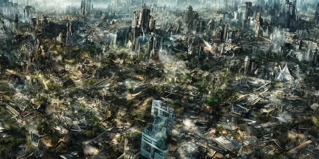 Image similar to future city attacked by forest, trees, plant, broken buildings, doom of the gods, monster, gravity mess, star trek, glory war, photograph