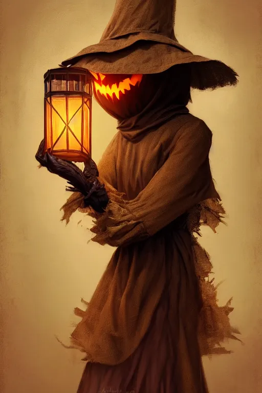 Image similar to portrait of a haunted scarecrow, burlap bag head, holding a lantern, halloween night, charlie bowater, artgerm, ilya kuvshinov, krenz cushart, ruan jia, realism, ultra detailed, 8 k resolution