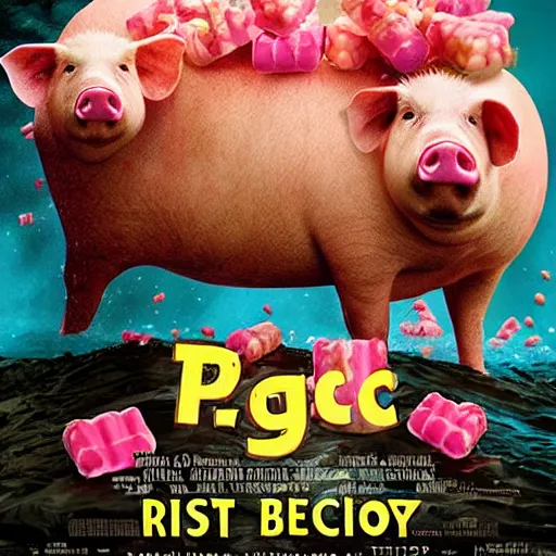 Prompt: epic movie poster summer blockbuster benedict cumberbatch stars in its raining pigs with lots of candy pigs in raft as it sinks into the ocean