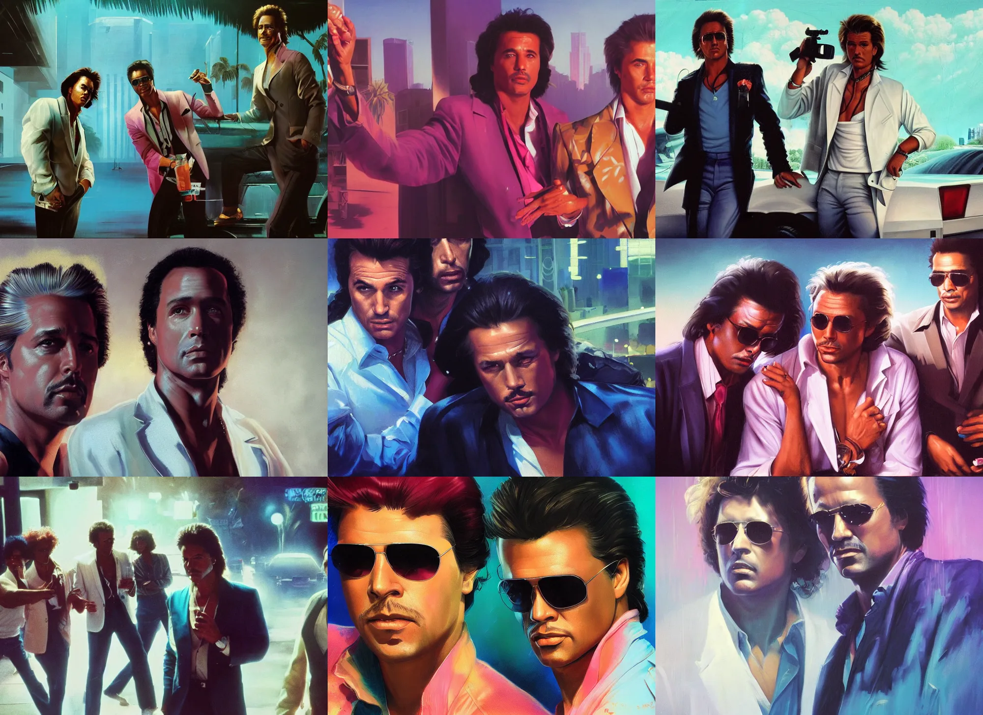 Prompt: a portrait painting of eighties miami vice, night club, don johnson and philip michael thomas, ultra realistic, highly detailed faces, true life, 8 k, masterpiece, cinematic, by frank frazetta, greg rutkowski, yoko taro, christian macnevin, beeple, wlop, krenz cushart, epic character art, volumetric lighting