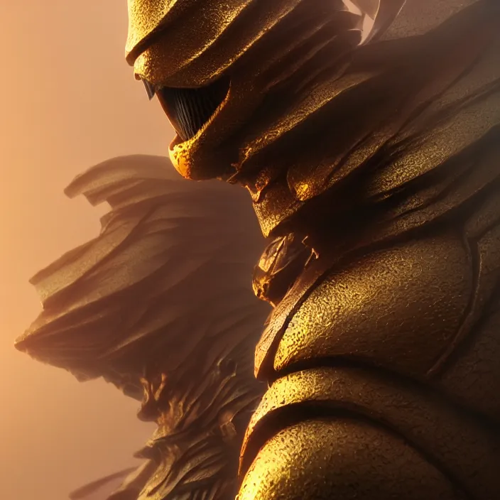 Image similar to a character in a scenic environment by wayne barlowe and nihei tsutomu, close up shot, dreamy hazy, golden armor, highly detailed, 3 d render, vray, octane, realistic lighting