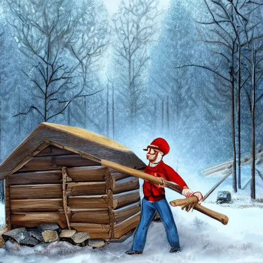 Prompt: bombshell communist cyborg farmer destroying a wooden hut with an ax in a cold forest, hd, 8 k, realistic artwork