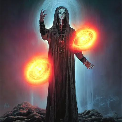 Prompt: A necromancer pulsing with necrotic energy, Art by Gerald Brom, power auras, sigils, tattered cloth robes, substance 3d painter, PBR textures, Physical based rendering, cinematic, hyper realism, high detail, octane render, unreal engine, 8k, Vibrant colors, Smooth gradients, High contrast, depth of field, aperture f2.8