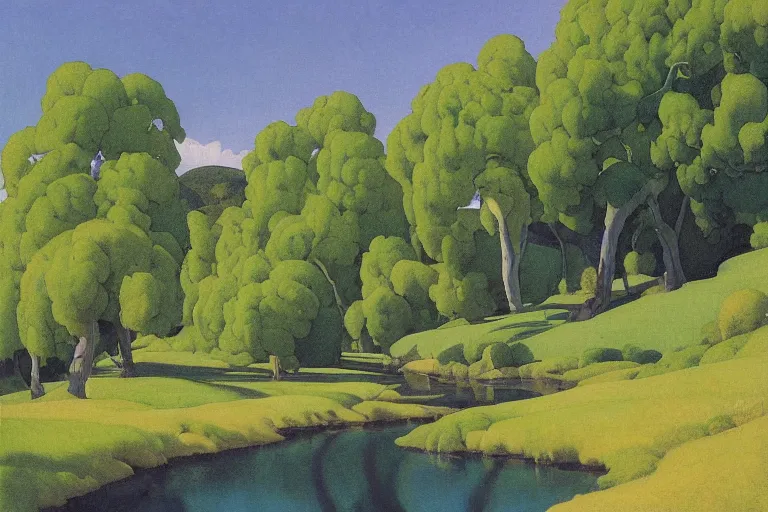 Prompt: masterpiece painting of cottonwood trees down by the creek at midday, by a. j. casson and john watkiss and edward okun and erin hanson and dan munford and maxfield parrish and j. c. leyendecker