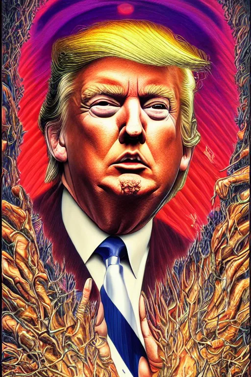 Image similar to highly detailed portrait of donald trump by alex grey, patrick woodroffe, mark ryden created by gustave dore and greg rutkowski, high detailed, smooth draw, synthwave neon retro, intricate, realistic proportions, dramatic lighting, trending on artstation