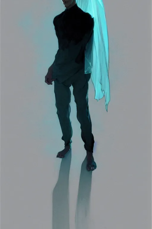 Image similar to full figure portrait of a single beautiful young fit man, dressed of modern transparent fluent shirt and large linen pants, bare feet, by greg rutkowski and alphonse mucha, d & d character, gradient black to cyan, interior design background, highly detailed portrait, digital painting, artstation, concept art, smooth, sharp focus ilustration, artstation hq