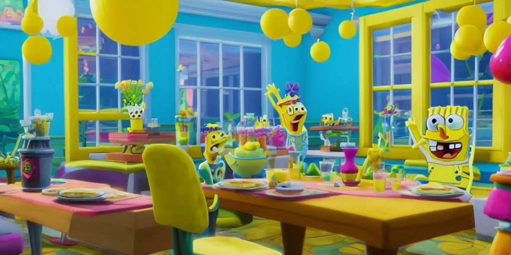 Image similar to spongebob party inside sims 4. Octane render, 4k, 8k, unreal 5, very detailed, hyper realism, trending on artstation.