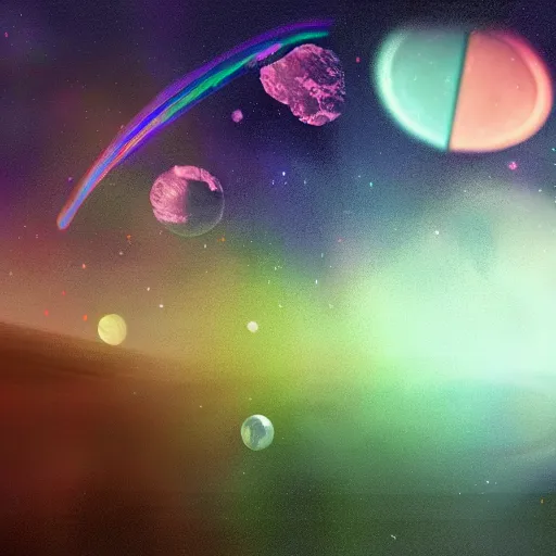 Image similar to Digital painting of a futuristic alien world with 3 moons and a rainbow haze