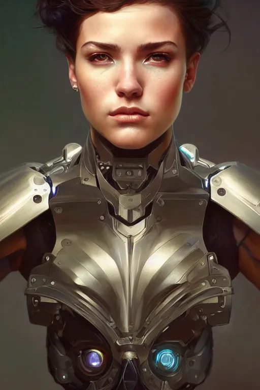 Image similar to photorealistic portrait of a young butch cyborg woman, handsome, female, masculine, upper body, fantasy, fierce, sharp features, intricate, elegant, highly detailed, digital painting, artstation, concept art, matte, sharp focus, illustration, art by artgerm and greg rutkowski and alphonse mucha