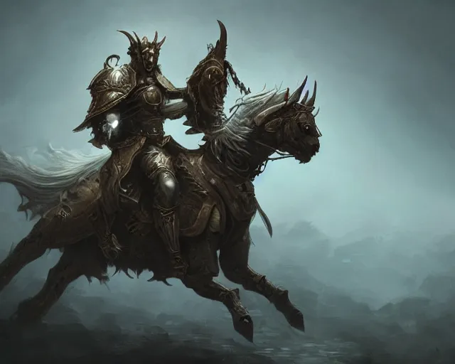 Prompt: A faded ghost devil warrior riding a giant ghost horse with armour, fantasy art, in the style of Frank Neidhardt, illustration, epic art, fantasy, intricate, elgant, amazing detail, digital painting, artstation, concept art, smooth, sharp focus