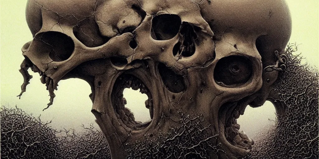 Image similar to close-up of a soldier's skull, Zdzislaw Beksinski, Wayne Barlowe, Joe Fenton, Escher M.C., gothic, cosmic horror, biomorphic, lovecraftian, amazing details, cold hue's