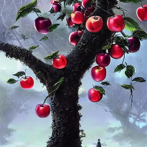 Image similar to a tree with many black colored apples, black poison apples, #black apples painted by rossdraws, greg rutkowski, thomas kindkade