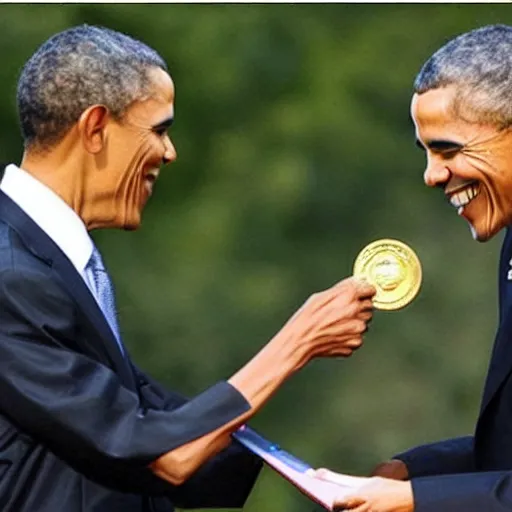 Image similar to Obama giving a smaller obama a medal