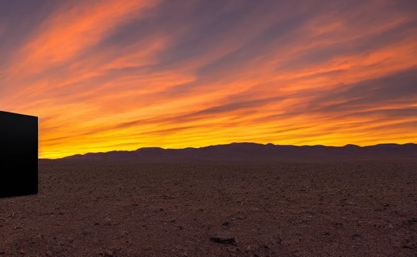 Image similar to giant black reflecting metal cube, standing in the mojave desert, dawn, orange sky, dslr photo, cinematic