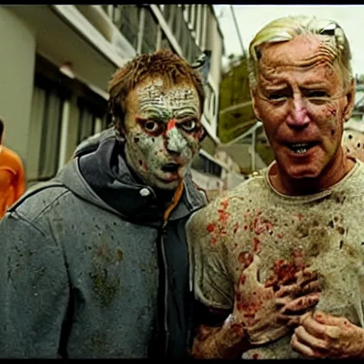 Prompt: a still shot from the movie 28 days later, with infected Joe Biden and Ethan Van Sciver zombies