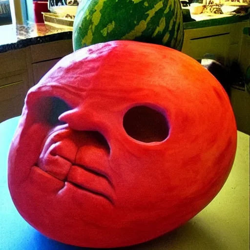 Image similar to matt berry with a watermelon carved like matt berry's face for a head, wide shot, photo realistic, realistic lighting, realistic shadows