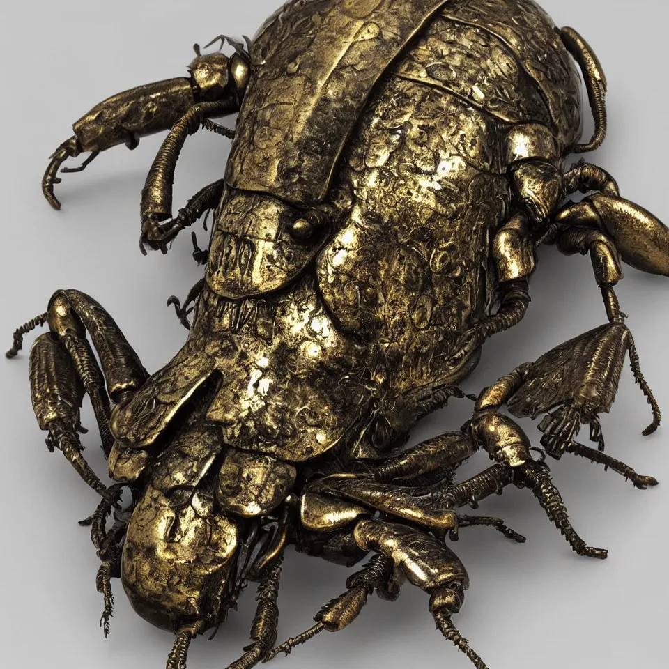 Prompt: a beetle amulet by hr giger, bronze on gold , patina,