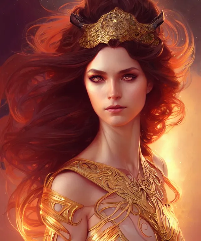 Image similar to fantasy magic woman portrait, sci-fi, amber eyes, face, long hair, fantasy, intricate, elegant, highly detailed, digital painting, artstation, concept art, smooth, sharp focus, illustration, art by artgerm and greg rutkowski and alphonse mucha