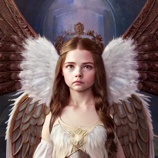 Prompt: portrait of young aasimar angel girl maiden wearing comfy leather armor with beautiful feathered angel wings, kawaii cute face, brown eyes, Mackenzie Foy, Chloe Moretz, by artgerm and greg rutkowski and alphonse mucha and andrei riabovitchev and Rossdraws and Bluesssatan and Mandy Jurgens and Stjepan Sejic, 4k oil on linen, vivid colors, colorful, photorealistic, high dynamic range, HDR, intricate, elegant, highly detailed, digital painting, artstation, concept art, smooth, sharp focus, illustration, mid-shot, medium shot, hyperdetailed