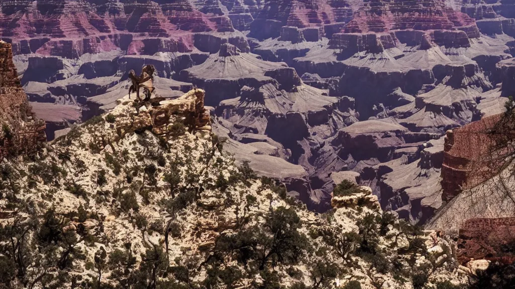 Prompt: an atmospheric film still by denis villeneuve featuring a dark gothic cathedral carved out of rock at the top of the grand canyon