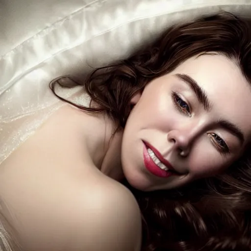 Image similar to stunning photo of dark - haired goddess vanessa kirby smiling, laying back on a pillow, with white tears all over her face, a beautiful closeup, wet lips, perfect eyes, insanely detailed, elegant, by mucha, wlop, rutkowski, livia prima
