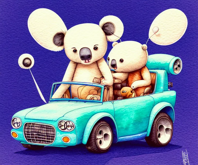 Prompt: cute and funny, koalabear with fuzzy ears riding in a tiny hot rod with an oversized engine, ratfink style by ed roth, centered award winning watercolor pen illustration, isometric illustration by chihiro iwasaki, edited by range murata, tiny details by artgerm and watercolor girl, symmetrically isometrically centered, sharply focused