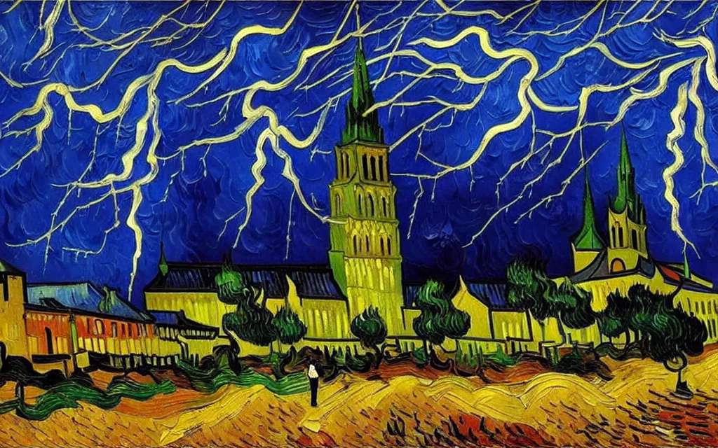 Prompt: detailed expressionist oil painting by van gogh of lightning storm over a tall gothic church, landscape painting, expressionism, 8 k resolution, smooth, sharp focus, matte painting