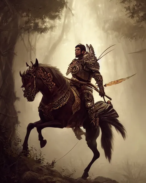 Prompt: ultra realistic illustration of a spanish conquistador wearing ornate armor and riding a horse in a dense foggy jungle environment by artgerm and and greg rutkowski and studio ghibli, octane, studio ghibli color scheme, intricate, portrait, anatomy, artstation, cinematic lighting, sharp focus, portrait, tarot card