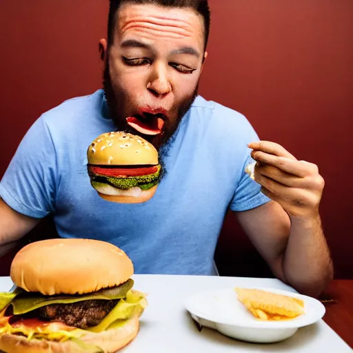 Image similar to he is eating a burger. he is eating it with his hands. he is eating it with his mouth. he is eating it with his teeth. he is eating it with his tongue. he is eating it with his lips. he is eating it with his cheeks