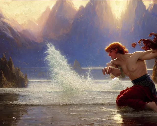 Image similar to attractive male wizard casting powerful tsunami wave spell in a beautiful lake. highly detailed painting by gaston bussiere, craig mullins, j. c. leyendecker 8 k