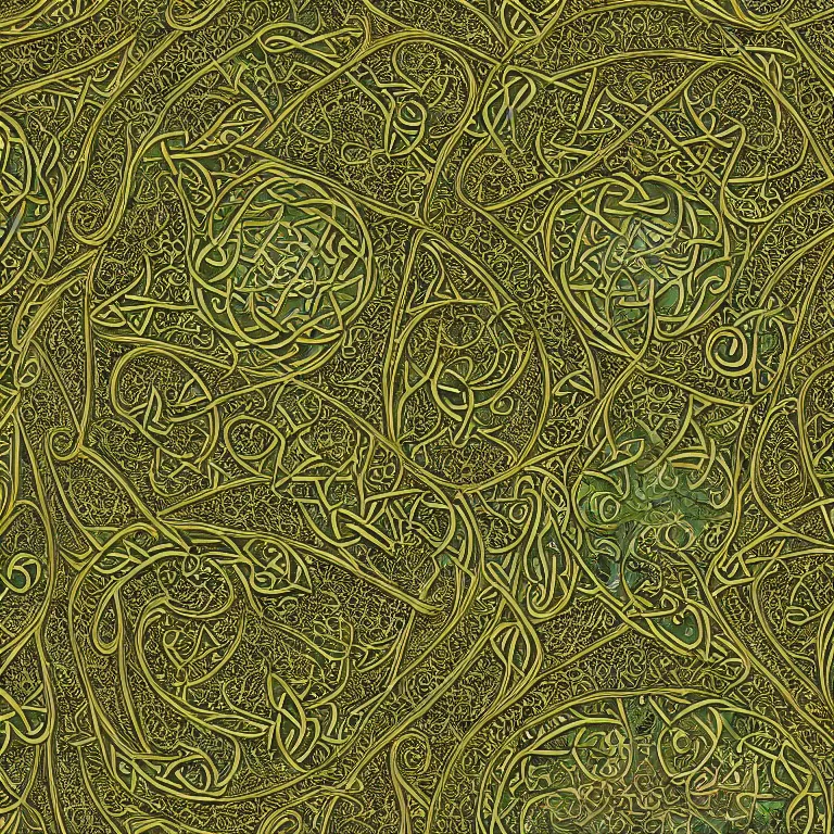 Prompt: medieval celtic arabic ornament with mystic birds and flowers, highly detailed, photorealistic, octan render, 3 d, green and gold, fractal, mandelbrot,