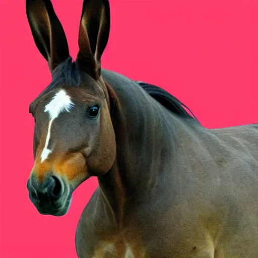 Image similar to a horse with a rabbit head, real photograph, mutant animal