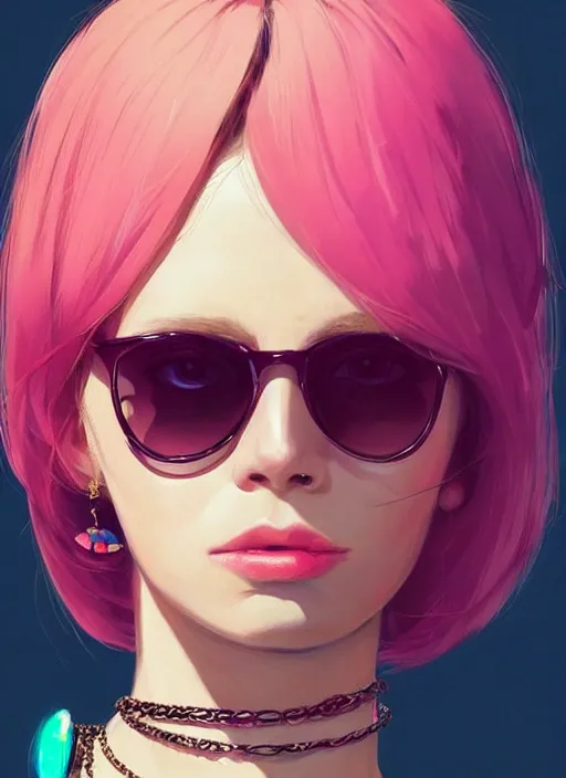Prompt: a pensive beautiful woman wearing gucci sunglasses, pastel pink, halo of planets,, chains, bright colors, highly detailed, concept art, matte, trending on artstation, anime, art by wlop and artgerm and greg rutkowski, ilya kuvshinov, strong strokes,