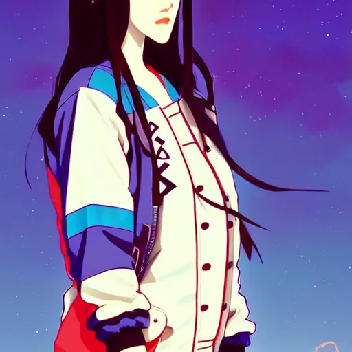 Image similar to a beautiful boyish kat dennings alluring gravure model, wearing oversized mayan bomber jacket and leotard with overalls, bulky poofy aztec native style bomber jacket with mayan patterns, gapmoe yandere grimdark, trending on pixiv fanbox, painted by greg rutkowski makoto shinkai takashi takeuchi studio ghibli, akihiko yoshida