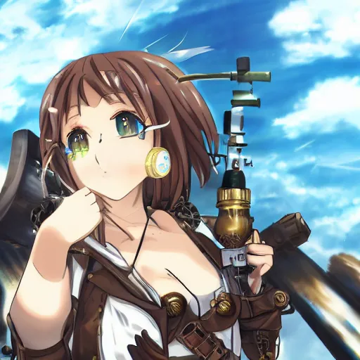 Image similar to anime girl with steampunk weapons preparing to fight a giant robot, extremely detailed, cinematic lighting, beautiful, intense, clouds, lush, trees,