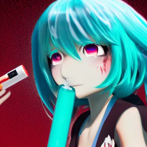 Image similar to hatsune miku smoking weed with a vape pen, smoke coming out of her mouth, bloodshot eyes, artstation, 4 k