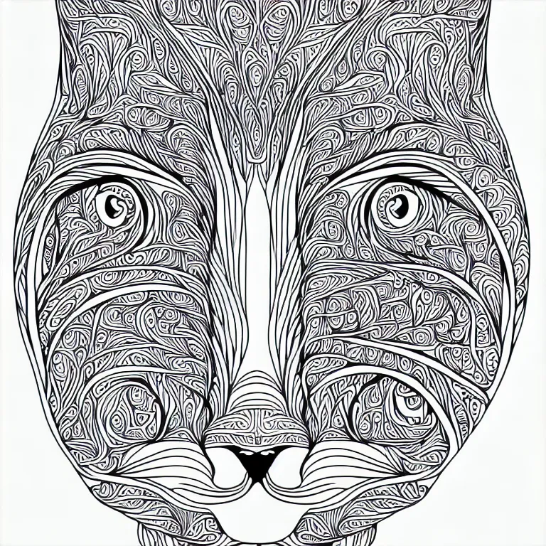 Prompt: beautiful cat's head, ornaments, fractal, line art, vector, outline, ink drawing, simplified, colouring page