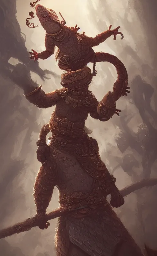 Image similar to Cute anthropomorphic Gecko as a Great Bagatur from Kazakh Khanate, Turkic Batur, Ancient Central Asia, cover art, ultra wide lens shot, pretty, beautiful, DnD character art portrait, matte fantasy painting, DeviantArt Artstation, by Jason Felix by Steve Argyle by Tyler Jacobson by Peter Mohrbacher, cinematic lighting