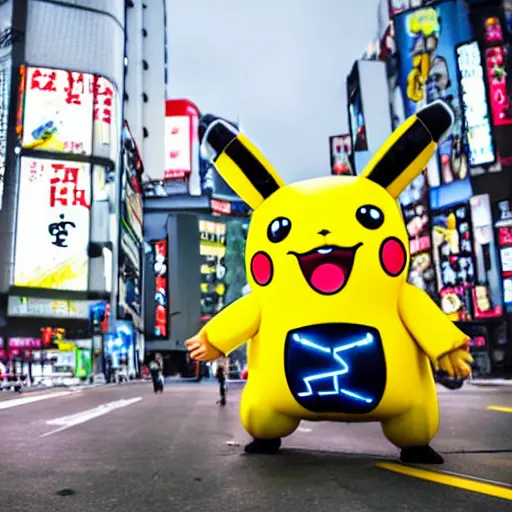 Image similar to a cybernetic giant pikachu attacking a futuristic tokyo