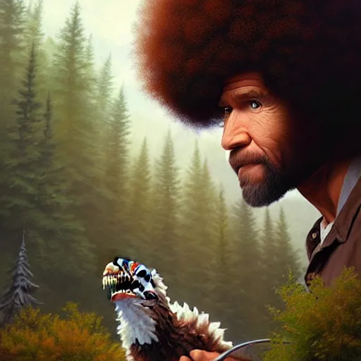 Image similar to bob ross!!! riding!!! a raptor!!, giant afro!, model pose, ultra realistic, concept art, intricate details, highly detailed, photorealistic, octane render, 8 k, unreal engine. art by artgerm and greg rutkowski and alphonse mucha