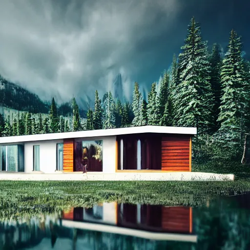 Image similar to wes anderson style modern futuristic house near the lake, snowy mountains and green forest, cinematic, realism, photo, detailed