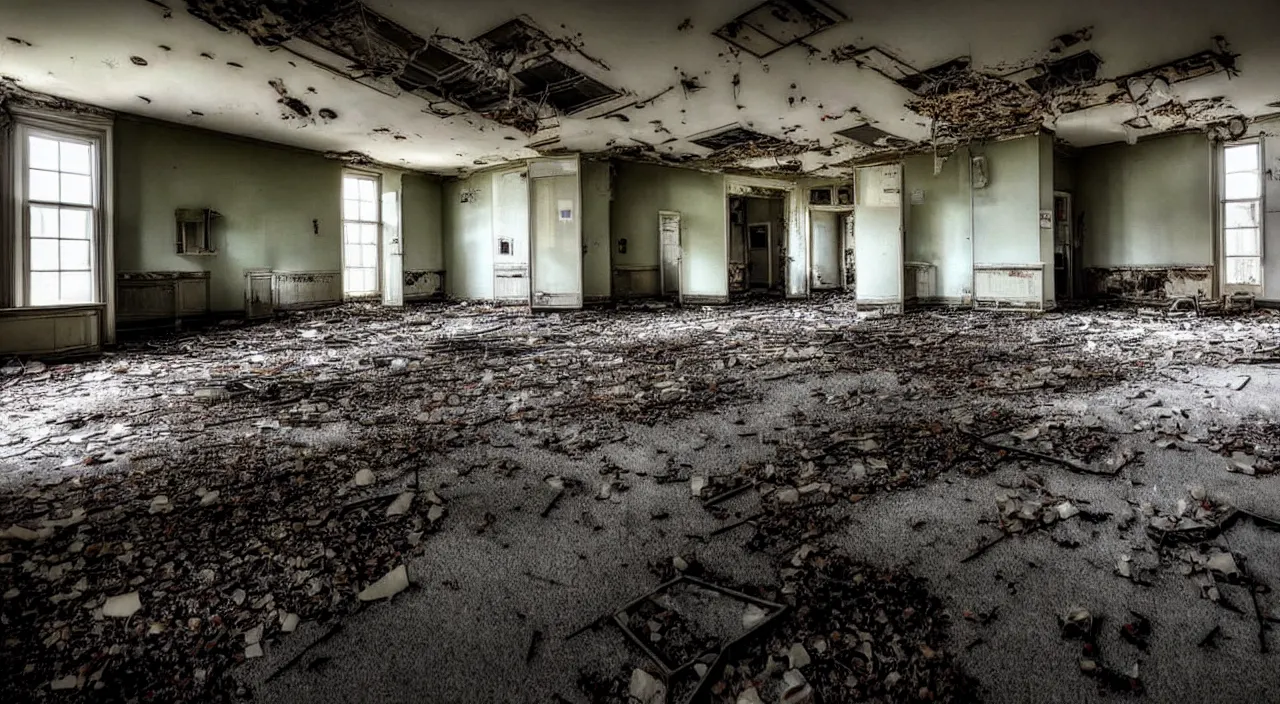 Image similar to photograph of the inside of a rotting abandoned hospital with a checkered floor, dark, no windows, horror | joe biden barely in view in the corner with a demonic grin on his face