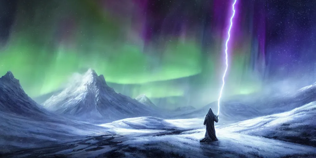 Image similar to snowy mountain trail background, lightning sky lit up, aurora borealis in the sky, style of greg rutkowski, ominous creatures, cinematic scene of a white robes wizard shooting energy spheres at a colossus, 8 k resolution, intensely detailed oil painting, photorealistic illustration,