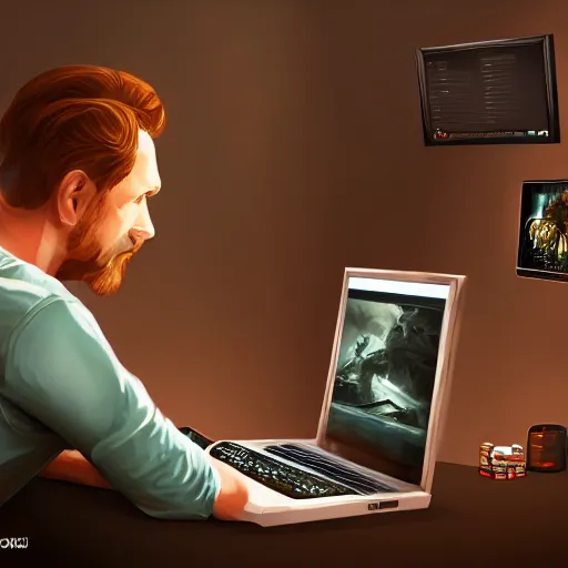 Image similar to realistic successful man playing laptop in gaming room, artstation trends, future concept art, highly detailed, intricate, sharp focus, digital art, 8 k