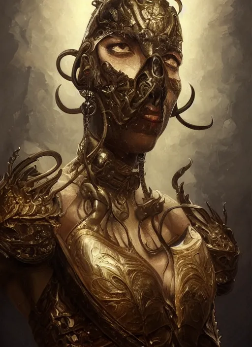 Image similar to full portrait of dancerwarden, black metal shiny skin. intricate, elegant, highly detailed, centered, digital painting, artstation, concept art, smooth, sharp focus, illustration, artgerm, tomasz alen kopera, peter mohrbacher, donato giancola, joseph christian leyendecker, wlop, frank frazetta