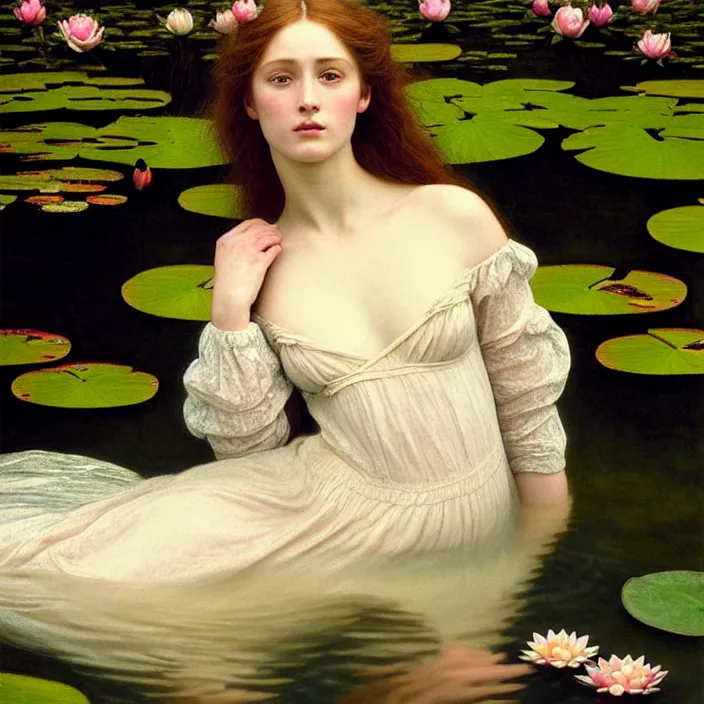 Prompt: Kodak Portra 400, 8K, soft light, volumetric lighting, highly detailed, britt marling style 3/4 ,portrait photo of a beautiful woman how pre-Raphaelites painter, the face emerges from the water of a pond with water lilies, in the pose of Ophelia Millais, a beautiful lace dress and hair are intricate with highly detailed realistic beautiful flowers , Realistic, Refined, Highly Detailed, natural outdoor soft pastel lighting colors scheme, outdoor fine art photography, Hyper realistic, photo realistic