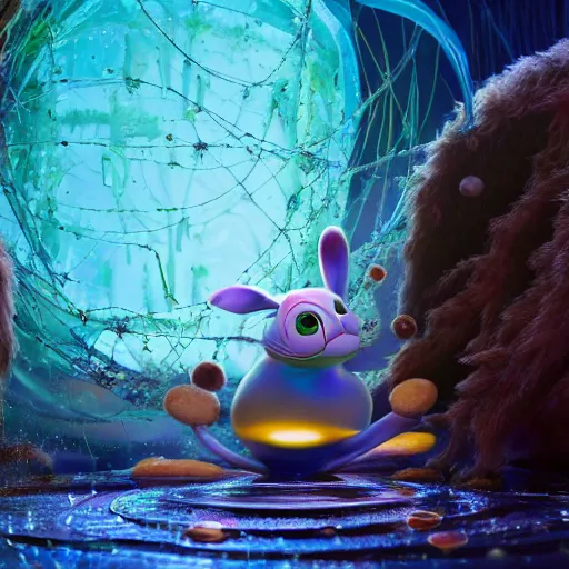 Prompt: fourth dimension, expressive eyes, floating, rbc, bunny, radiolaria, protophyta, micro - organisms, center frame, symmetric, rim light, marine microbiology, bioluminescence, electric, fur, soft, concept art, intricate details, highly detailed, colorful, photorealistic, disney pixar, octane render, iridescent, anime