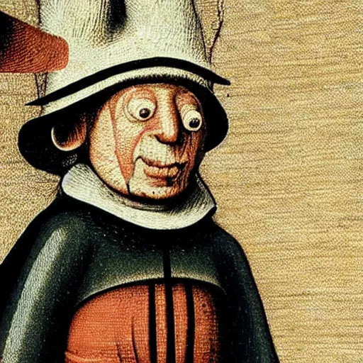 Image similar to close up of Waldo from Where’s Waldo painted by Hieronymus Bosch